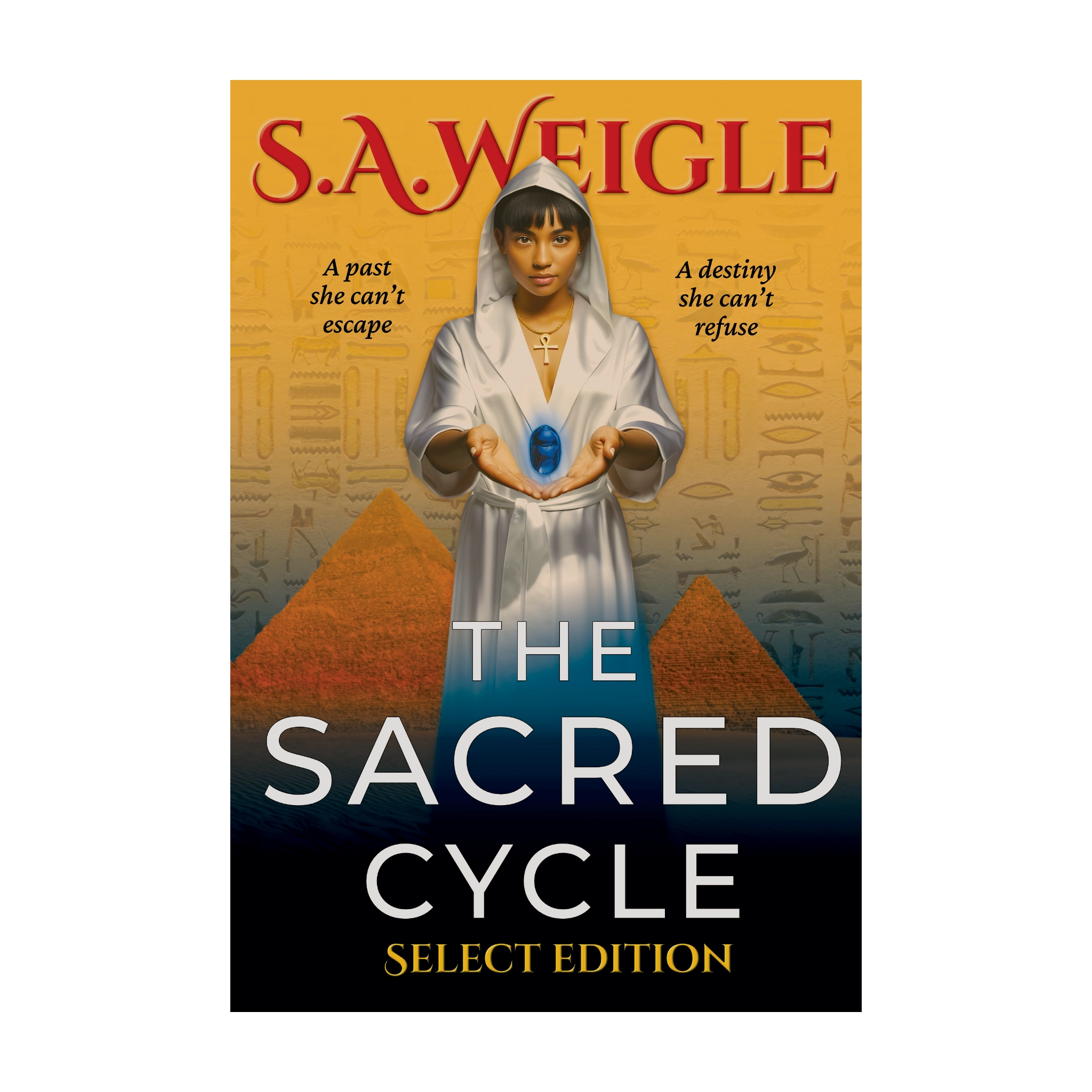 The Sacred Cycle by S. A. Weigle book cover 2D image, featuring a woman holding blue object before pyramids and hieroglyphs on a tan background.