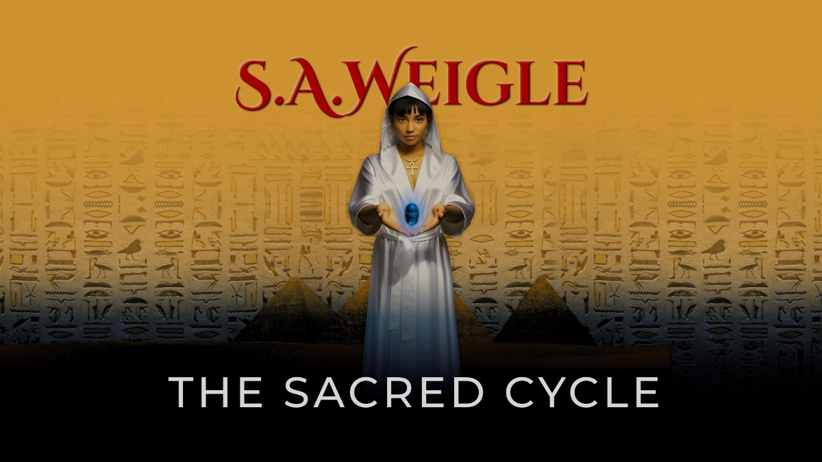 Banner image of The Sacred Cycle by S. A. Weigle book cover. Woman in white robe stands centered against a golden desert-themed backdrop with pyramids and hieroglyphs, holding a blue object. Title in white block letters beneath her across a background that fades to black.