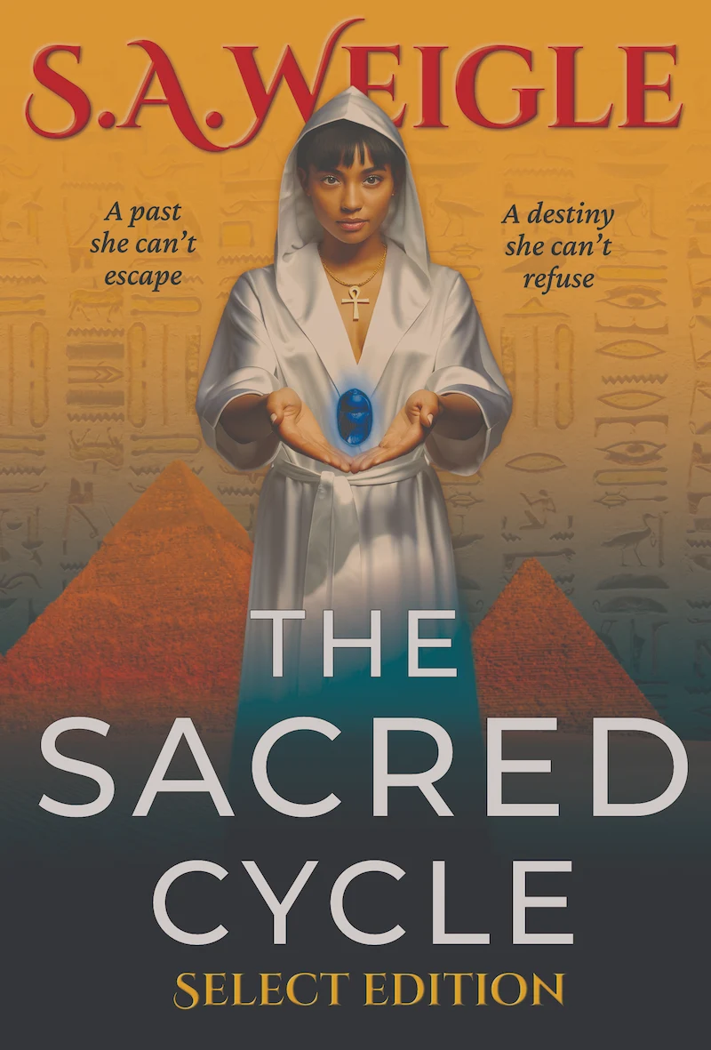 The Sacred Cycle Select Edition 2D book cover by S. A. Weigle featuring an Egyptian woman with blue amulet before pyramids