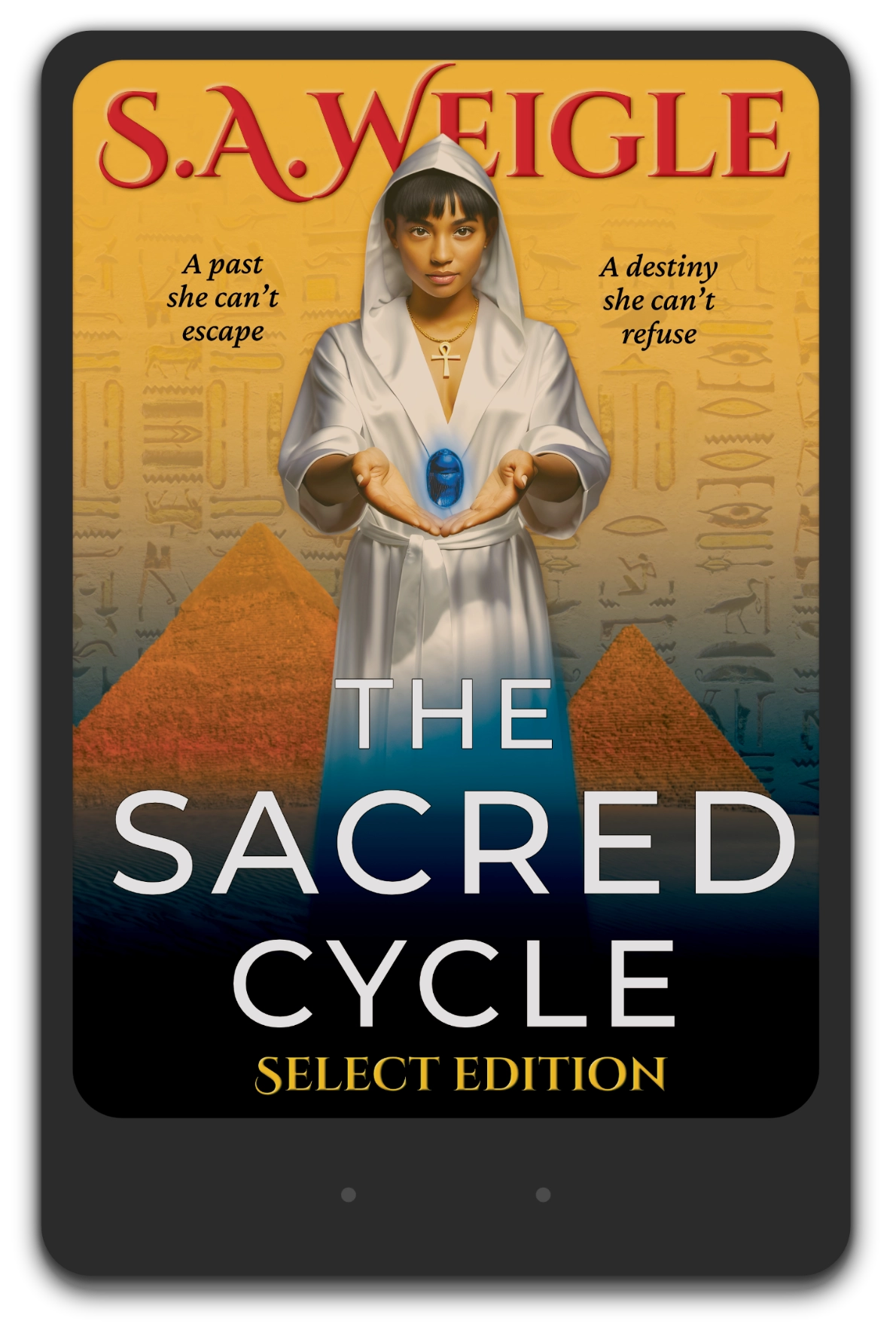 The Sacred Cycle Select Edition paperback 3D ebook cover mockup, by S. A. Weigle featuring an Egyptian woman with blue amulet before pyramids