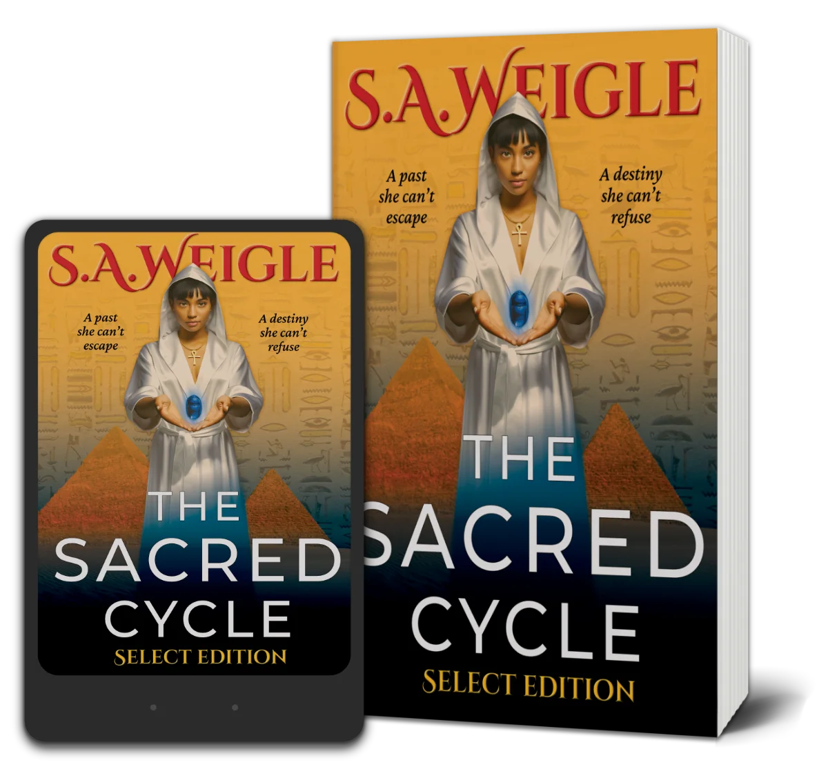 3D book cover mockups for The Sacred Cycle Select Edition paperback and eBook, by S. A. Weigle featuring an Egyptian woman with blue amulet before pyramids