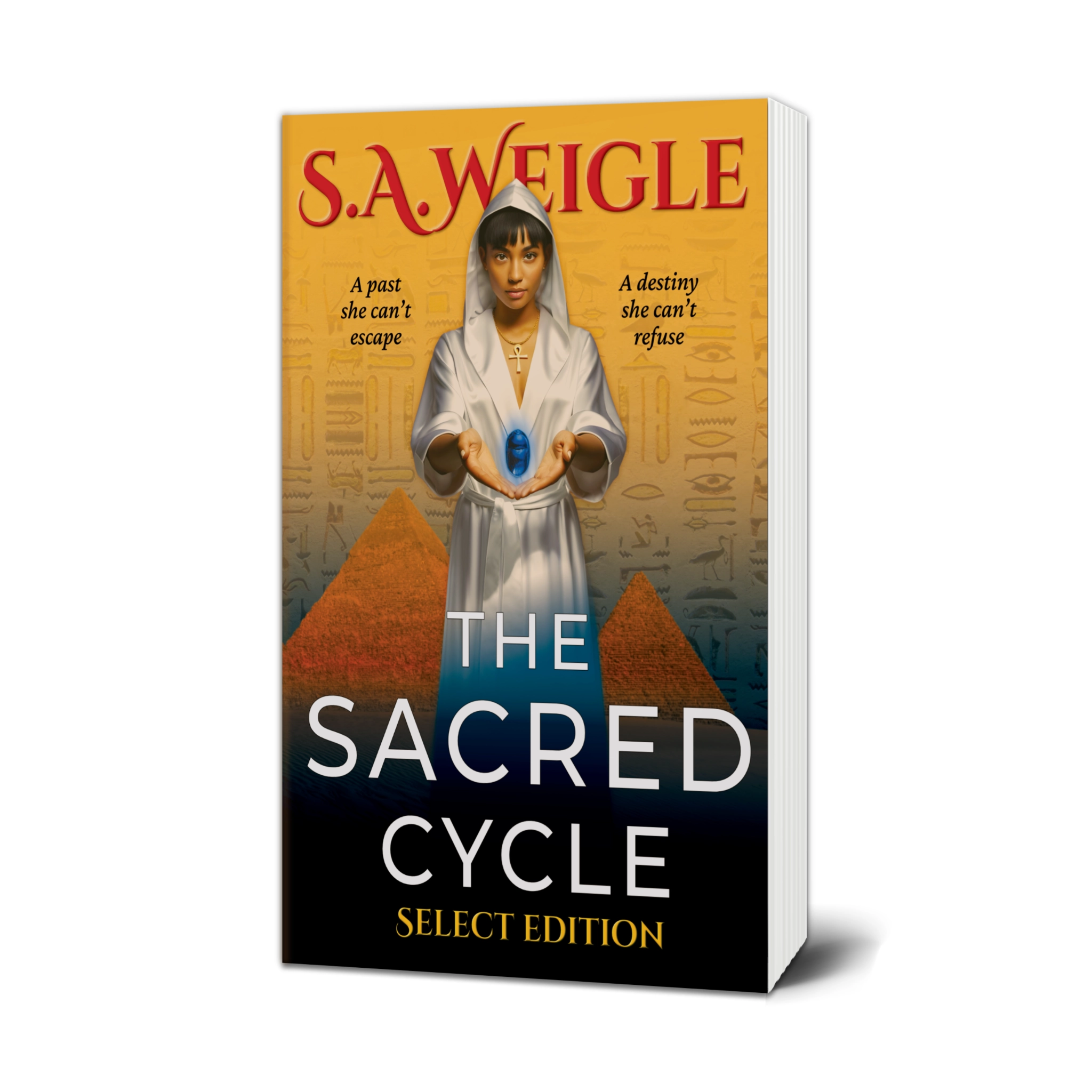 The Sacred Cycle by S. A. Weigle paperback book cover 3d mockup image, featuring a woman holding blue object before pyramids and hieroglyphs on a tan background.
